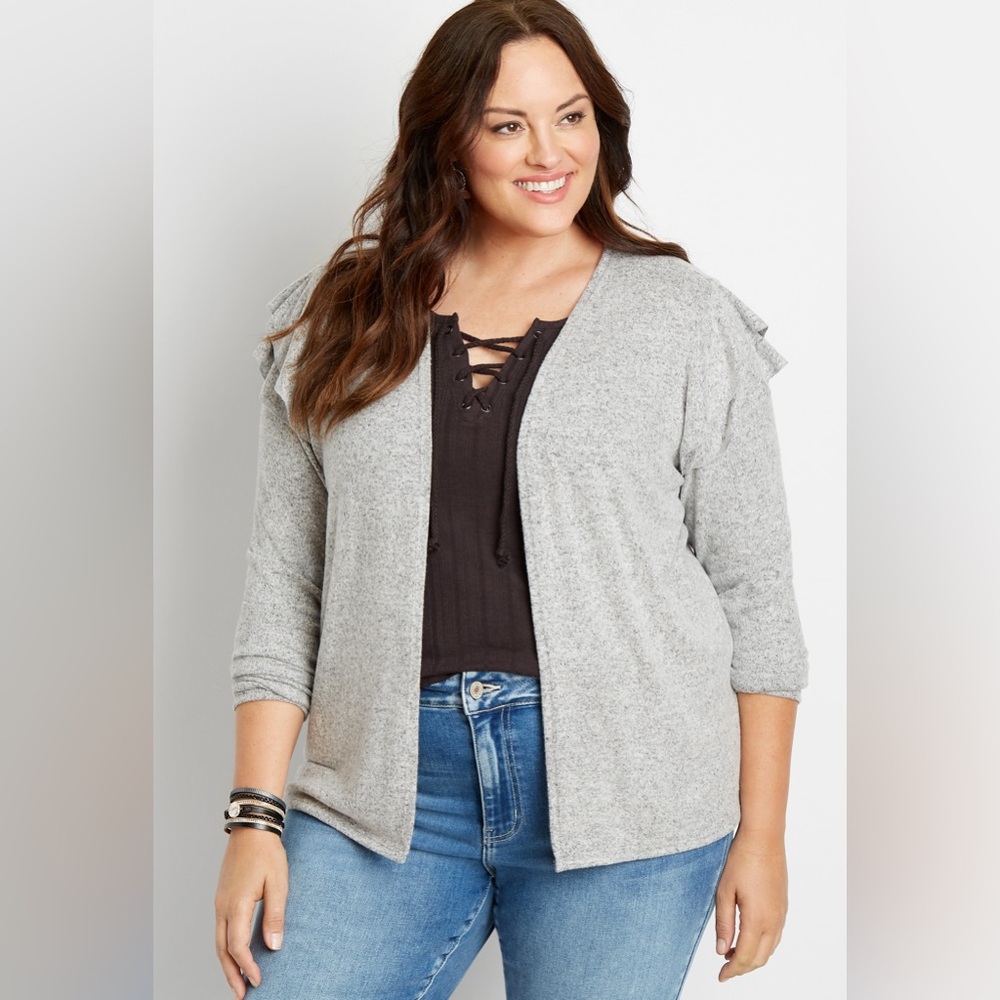NWOT Maurices Gray Ruffle Sleeve Open Front Cardigan Size Large - Picture 1 of 7